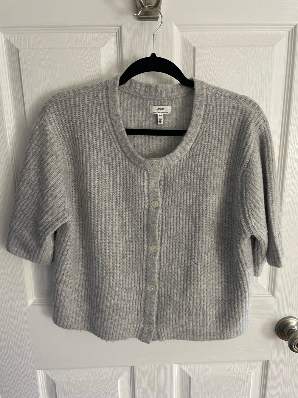 Aerie Women's Light Gray Ribbed Button-Front Short Sleeve Sweater S
